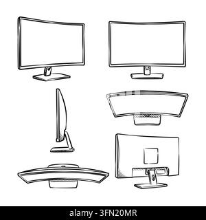 Handgezeichnete Vektor-Linienillustrationensammlung von gebogenen Computermonitoren aus mehreren Blickwinkeln, einschließlich Vorder-, Hinter-, Seiten-, Ober-, Unter- und Perspektivansicht Stock Vektor