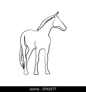 Eine minimalistische Vektor-Illustration im Continuous-Line-Stil eines stehenden Pferdes mit einem klaren monochromen Umriss. Perfekt für Pferdebranding, modern Stock Vektor
