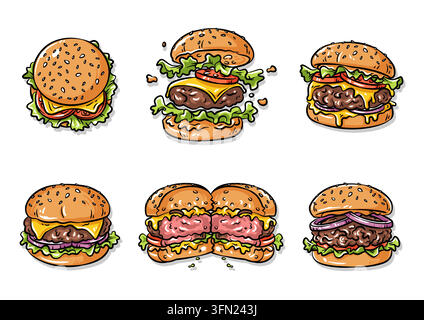 Ein appetitliches Set von handgezeichneten Fast-Food-Burgern im skizzenhaften Doodle-Stil mit kräftigen Umrissen. Perfekt für Restaurantmenü-Designs, Food-Truck b Stock Vektor