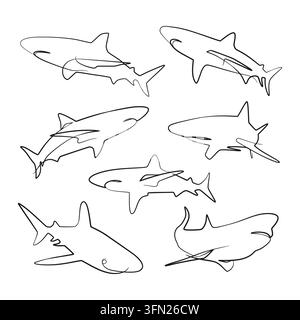 Eine Sammlung von dynamischen Hai-Kontinuum-Linien-Kunstvektoren mit minimalistischen Einzelstrich-Illustrationen. Perfekt für Meereschutz-Branding, Stock Vektor