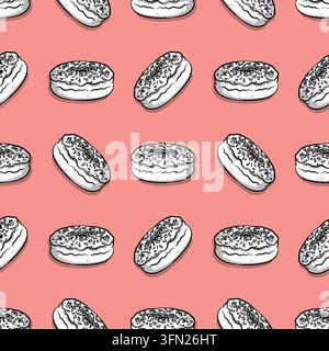 Handgezeichnetes Strichmuster monochrome texturierter Donut nahtloses Muster mit schwarzen Umrissen und detaillierter Gravur auf einem korallenpfirsichfarbenen Hintergrund. Ideal für Stock Vektor