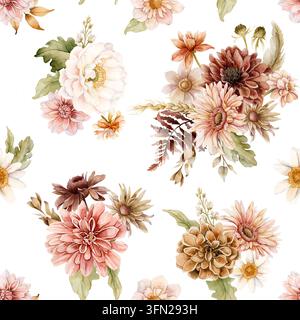Herbstblumen Nahtloses Muster Dahlia Chrysantheme Astra. Aquarell handgezeichnete Blumenillustration isoliert auf weißem Hintergrund Herbstdesign Hochzeit Stockfoto