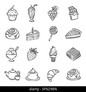 Charmante Vektorsammlung von handgezeichneten Süßigkeiten, Gebäck und Desserts, darunter Cupcakes, Milchshakes, Schokolade und Kuchen. In einem sauberen bla gerendert Stock Vektor