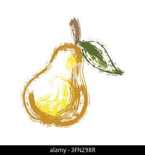 Eine ausdrucksstarke, handgemalte Pinselstrich-Illustration mit einer frischen, reifen Birne in warmen Gelb- und Brauntönen und einem grünen Blatt vor einem klaren Hintergrund Stock Vektor