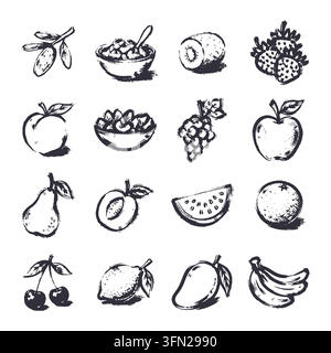 Eine künstlerische Sammlung von handgemalten Pinselstrich-Illustrationen mit verschiedenen frischen Früchten, Beeren und gesunden Snacks auf einem sauberen weißen Hintergrund Stock Vektor