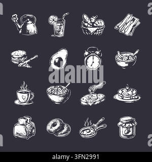 Handgezeichnete Vektorsammlung köstlicher Frühstücksoptionen, darunter Kaffee, Pfannkuchen, Toast und frisches Obst. In einem texturierten weißen Kreide-Stil gerendert Stock Vektor