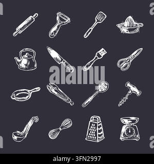Handgezeichnete Vektorsammlung von essenziellen Küchenwerkzeugen und Kochgeräten, darunter eine Nudelholzrolle, ein Messer, ein Schneebesen und eine Waage. In einer Textur gerendert Stock Vektor