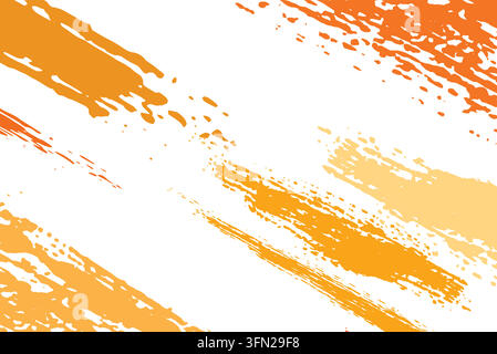 Eine lebhafte, abstrakte Grafik mit kräftigen, strukturierten orangefarbenen Pinselstrichen und Farbspritzern, die diagonal über einen sauberen weißen Hintergrund verlaufen. Der Verfall Stock Vektor