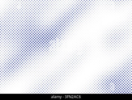 Ein lebendiges blaues Vektormuster mit Halbtönen und einer dynamischen diagonalen Gradientenkonfiguration. Die Punkte skalieren sanft von dichten Clustern zu spärlichen Layern Stock Vektor
