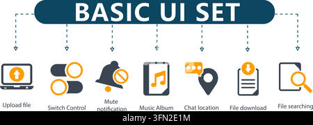 Einfaches UI-Set-Vektor-Infografik mit zentralem Header und sieben Schnittstellensymbolen für Hochladen, Schalter, Stummschalten, Musikalbum, Chat, Herunterladen und Suche. Stock Vektor