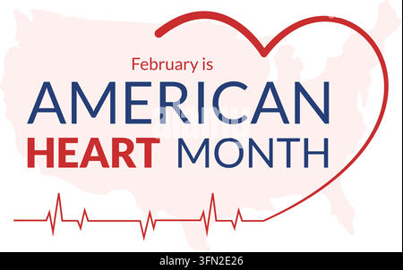 Vector-Banner zum amerikanischen Herzmonat mit der Typografie „February is American Heart Month“, rotem Herzumriss, EKG-Linie und hellem Hintergrund der US-Karte. Stock Vektor