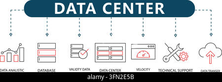 Vector-Infografik für Rechenzentren mit sieben schwarzen und roten Umriss-Icons, die Datenanalyse, Datenbank, Gültigkeitsdaten, Rechenzentrum und Geschwindigkeit darstellen. Stock Vektor