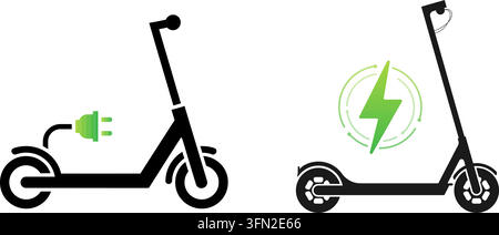 Vektor-Set mit elektrischen Rollern, das zwei schwarze Kick-Scooter mit grünem elektrischem Ladestecker und Blitz-Energiesymbolen auf weißem Hintergrund zeigt. Stock Vektor