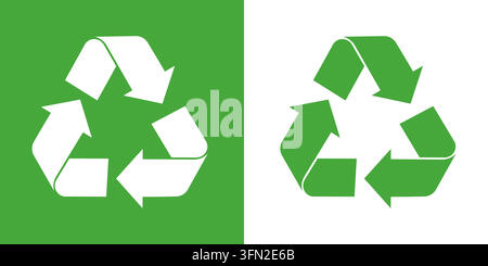 Recycling-Schild-Vektorset mit zwei grünen und weißen dreieckigen Pfeilsymbolen, die Umweltverträglichkeit und Abfallmanagement darstellen. Stock Vektor
