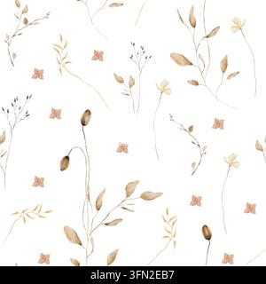Handgemaltes Aquarell-Muster ohne Naht mit getrocknetem Gras, Samenkapseln, Zweigen, Blättern und winzigen Blumen in warmen Terrakotta-, Rost-, Ocker- und Beigetönen Stockfoto
