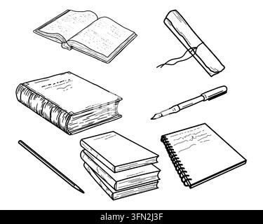Bücher und Schreibutensilien, Skizze, Vektorillustration. Zum Drucken von Postkarten für den Lehrertag und den Abschluss, Bibliotheksdesign, Bürodekor Stock Vektor