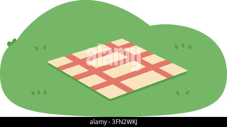 Flache Illustration eines abgerundeten Grashügels mit einer rot und creme karierten Picknickdecke, die sich über den Hang ausbreitet Stock Vektor