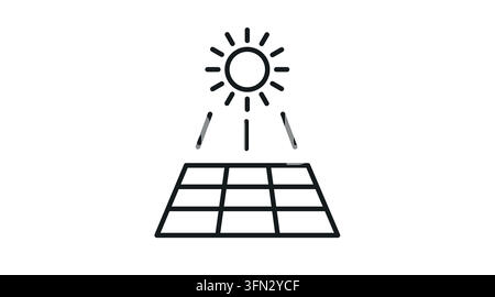 Solarpanel mit Sonnenstrahlen-Vektor-Symbol. Schwarzer Linienstil auf weißem Hintergrund. Stock Vektor