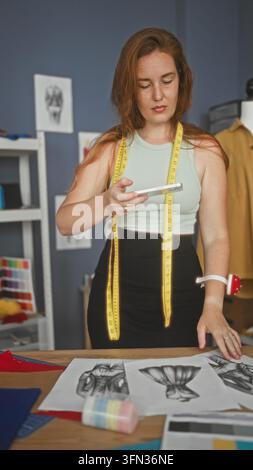 Damen Schneiderin hält Smartphone mit beiden Händen und Maßband um den Hals, während sie Skizzen auf dem Tisch im Studio überprüft; kreativer Fokus. Stockfoto