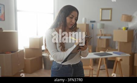 Frau schreibt mit einem Stift auf einem Klemmbrett zwischen gestapelten Umzugskartons in einem Gebäude, überprüft Inventar und organisiert Gegenstände; konzentriertes Einrichten. Stockfoto