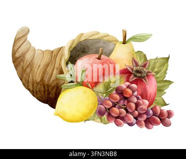 Aquarell-Cornucopia gefüllt mit Früchten, isolierte Illustration. Handgezeichnete Trauben, Granatapfel, Apfel, Birne und Zitrone in einem geflochtenen Füllhorn des Überflusses für Stockfoto