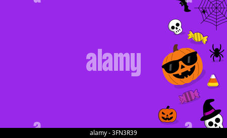 Eine Sammlung von gruseligen Halloween-Illustrationen, darunter ein cooler Jack O'Lantern mit Sonnenbrille, Schädel, Candy Corn und Spinnweb Stock Vektor