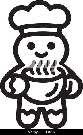 Cartoon-Ingwer-Zuckerbrot-Koch-Charakter mit Hut und Schürze, der eine heiße Kaffeetasse hält Vektorillustration. Stock Vektor