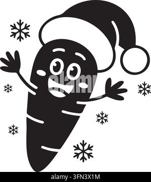 Cartoon-Karottencharakter mit Weihnachtsmannmütze, Silhouetten-Vektorillustration für Weihnachtsfeiertagsdesigns. Stock Vektor