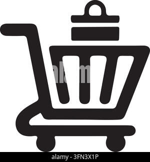 Minimalistische schwarze Einkaufswagen-Ikone mit einem Paket im Inneren, die einen E-Commerce-Einzelhandelsladen darstellt, Vektorillustration. Stock Vektor