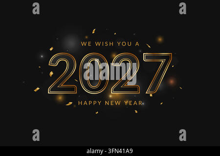 2027 Realistische goldene Zahlen auf schwarzem Hintergrund. Prost Neujahr 2026. Silvesterfeier für Grußkarte, Poster, Cover, Werbung, Bannerdesign Stock Vektor