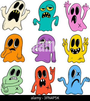 Satz von niedlichen und lustigen Cartoon-Geistern im Retro-Comic-Stil. Bunte handgezeichnete alberne Geistercharaktere mit verschiedenen Ausdrücken und Posen für Halloween Stock Vektor