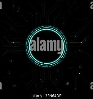 Leuchtender runder Rahmen mit eckigen elektronischen Spuren auf schwarzem Hintergrund. Bearbeitbare Vektorillustration mit offener Mitte. Stock Vektor
