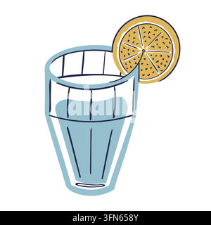Facettiertes Glas Wasser mit Zitronenscheiben-Doodle-Isolat. Frische Zitrusgetränk-Gewohnheit-Vektorillustration Stock Vektor