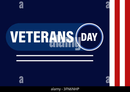 Veteranentag-Banner mit fettem weißem Text auf dunklem blauem Hintergrund und roten und weißen Streifen Stock Vektor