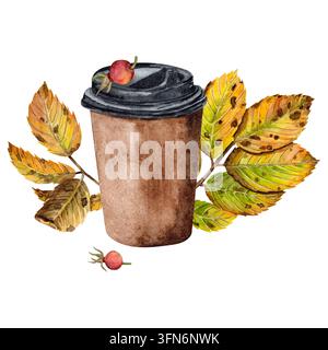 Aquarell-Illustration einer herbstlichen Kaffeetasse mit bunten gefallenen Blättern und roten Hagebutten. Konzept für Herbst-To-Go-Kaffee oder -Tee. Stockfoto