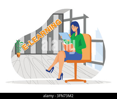 Eine professionelle Frau sitzt auf einem Stuhl, greift auf E-Learning-Ressourcen über ein Tablet und ein Buch zu und umarmt die moderne Bildung. Flacher Vektor modern illustriert Stock Vektor