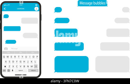 Nachrichtenblasen-Vektor-Schnittstellensatz mit Smartphone-Chat-Bildschirm mit blauen und grauen Text-Sprechblasen, Tastatur und Messaging-UI-Elementen. Stock Vektor