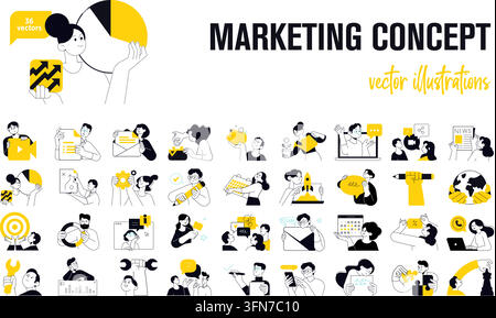 Marketing-Konzept-Vektor-Illustrations-Set mit 36 flachen gelben und schwarzen Symbolen mit Menschen, Diagrammen, Strategien und Business-Branding-Symbolen. Stock Vektor