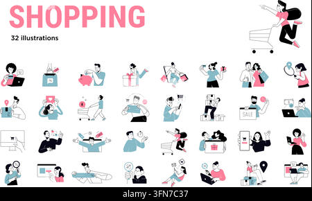 Vektor-Illustrationsset zum Shoppen mit 32 flachen rosa und schwarzen Symbolen mit Figuren, Einkaufswagen, Geschenken, Zahlungen und Online-Einzelhandelskonzepten. Stock Vektor