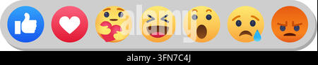 Vektor-Set mit Social-Media-Reaktions-Emojis mit flachen Symbolen für Like, Liebe, Fürsorge, Haha, Wow, Traurig und Wütend in einer horizontalen Leiste. Stock Vektor