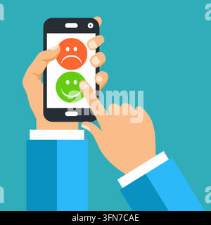 Feedback-Vektor-Infografik mit Unternehmensänden, die ein Smartphone halten und ein grünes Smiley-Gesicht mit positiver Stimmung über einem roten traurigen Smiley berühren. Stock Vektor