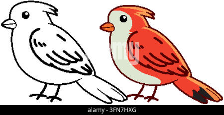 Handgezeichnete niedliche rote Vogel-Vektorillustration neben Schwarz-Weiß-Linienkunst-Farbseite. Stock Vektor