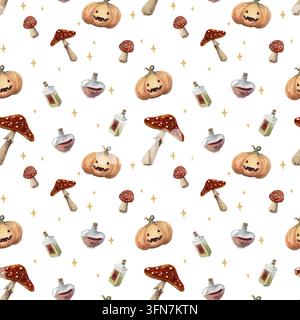 Nahtloses Halloween-Muster mit Kürbissen, Fliegenpilzen, Zaubertrankflaschen und gelben Sternen auf weißem Hintergrund, Aquarellillustration für Stockfoto