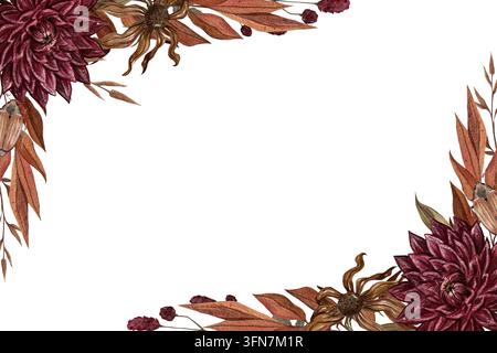 Horizontaler Herbst-Aquarellrahmen in Vintage-Farbtönen. Botanische Vorlage für eine Grußkarte, ein Plakat oder eine Verpackung. Stockfoto