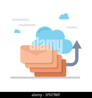 Moderne Illustration, die E-Mail-Nachrichten zeigt, die in einen Cloud-Speicher übertragen werden, und digitale Kommunikation, Datensicherung, Dateiaustausch und Onli darstellt Stock Vektor