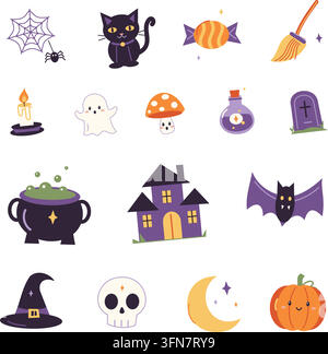 Sechzehn Halloween-Illustrationen in einer verspielten verstreuten Anordnung, darunter ein Kürbis, ein Geist, eine Katze, eine Fledermaus, ein Hexenhut, ein Kessel, ein Trank, ein Schädel, ein Grabstein Stock Vektor
