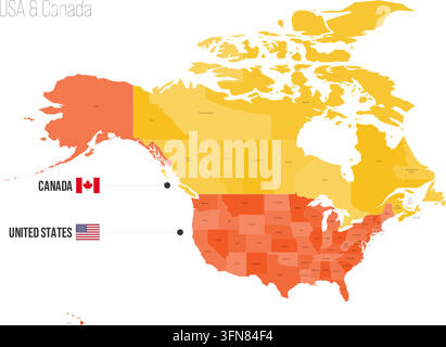 Regionale politische Karte der USA und Kanadas. Administrative Einteilungen der Vereinigten Staaten, Kanada Vektorkarte isoliert auf weißem Hintergrund mit Flaggen und Ländernamensbeschriftungen. Stock Vektor