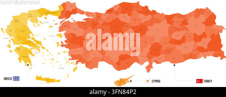 Regionalpolitische Karte des östlichen Mittelmeers. Administrative Gliederungen von Griechenland, Zypern, Türkei. Vektorkarte isoliert auf weißem Hintergrund mit Flaggen und Ländernamenbeschriftungen. Stock Vektor