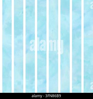 Nahtloses Aquarellmuster mit weichen blauen vertikalen Streifen und weißen Linien. Handgezeichneter pastellfarbener strukturierter Hintergrund Stockfoto