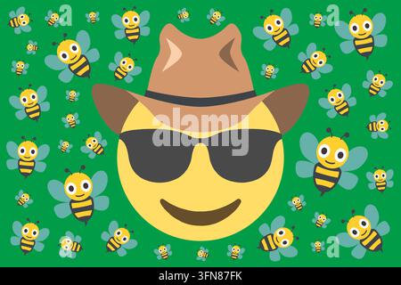 Coole Gesichts-Emoji mit Cowboyhut inmitten eines Bienenmusters auf grünem Hintergrund Stockfoto